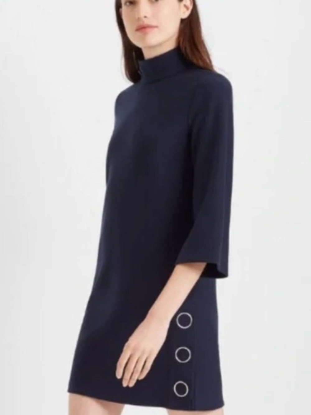 Club Monaco Navy Blue Mockneck Ribbed Dress Retro Silver Snap Button Side Detail